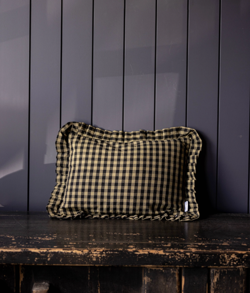 Ruffle Lumbar Pillow - Olive Green Gingham