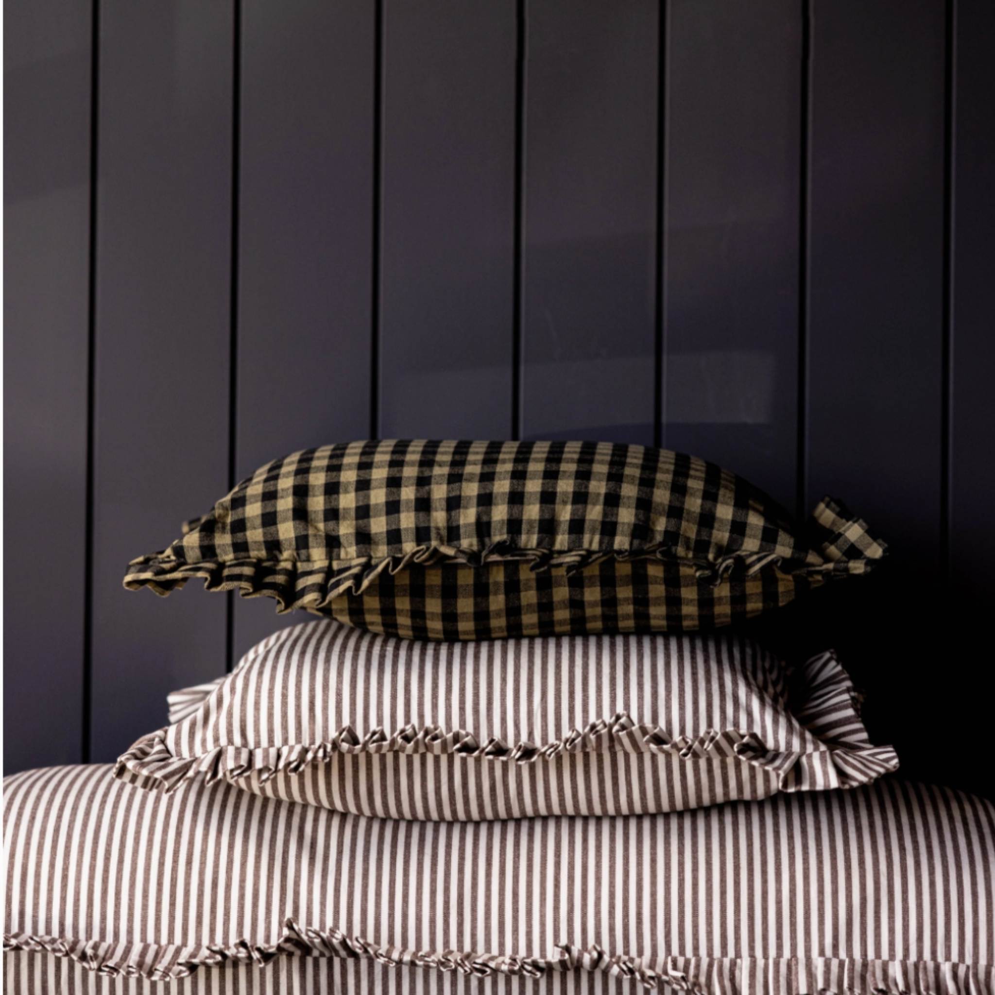 Ruffle Lumbar Pillow with Brown & White Stripes