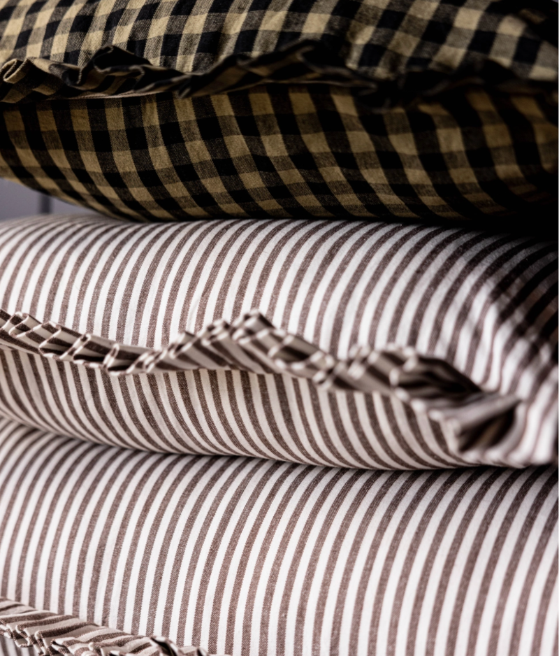Ruffle Bolster Pillow with Brown & White Stripes