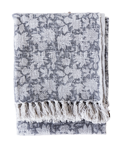 Handloom Slub Throw w/ Black Block Print