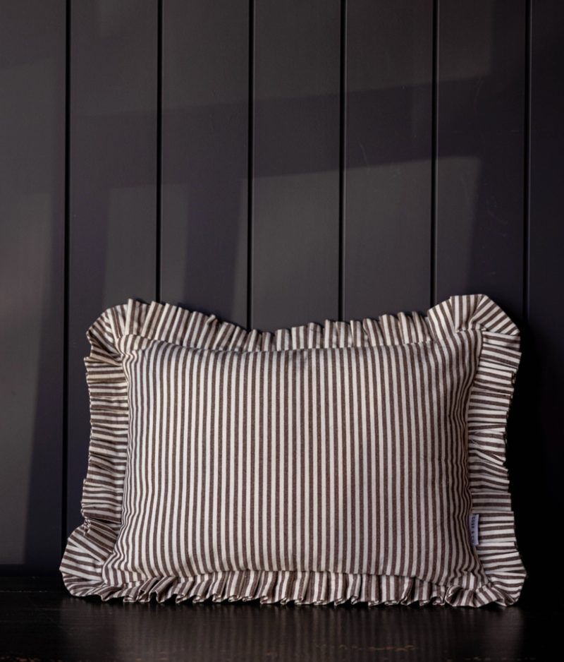 Ruffle Lumbar Pillow with Brown & White Stripes