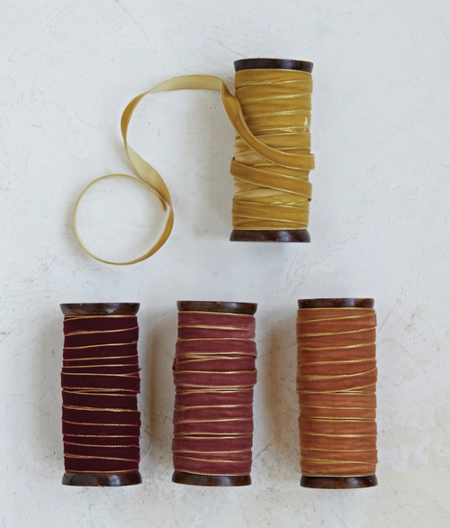 10 Yards Velvet Ribbon with Metallic Edges on Wood Spool