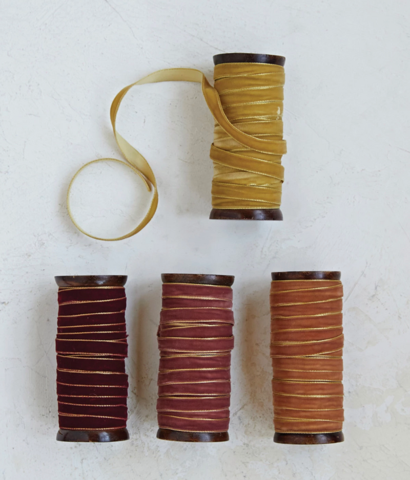 10 Yards Velvet Ribbon with Metallic Edges on Wood Spool