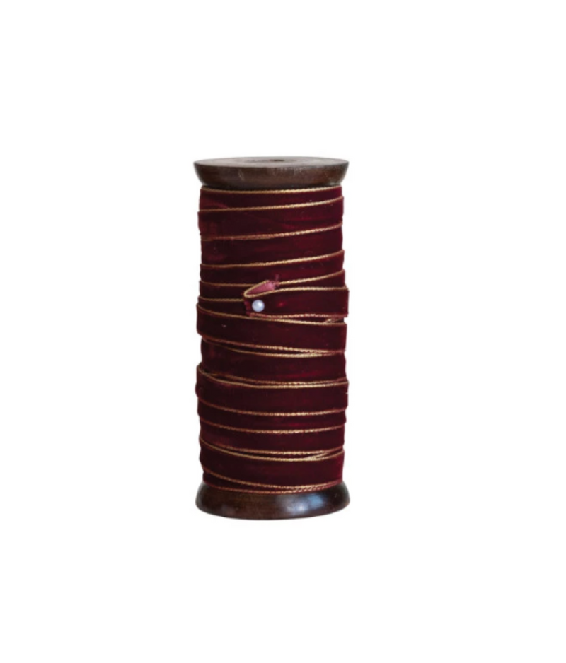 10 Yards Velvet Ribbon with Metallic Edges on Wood Spool