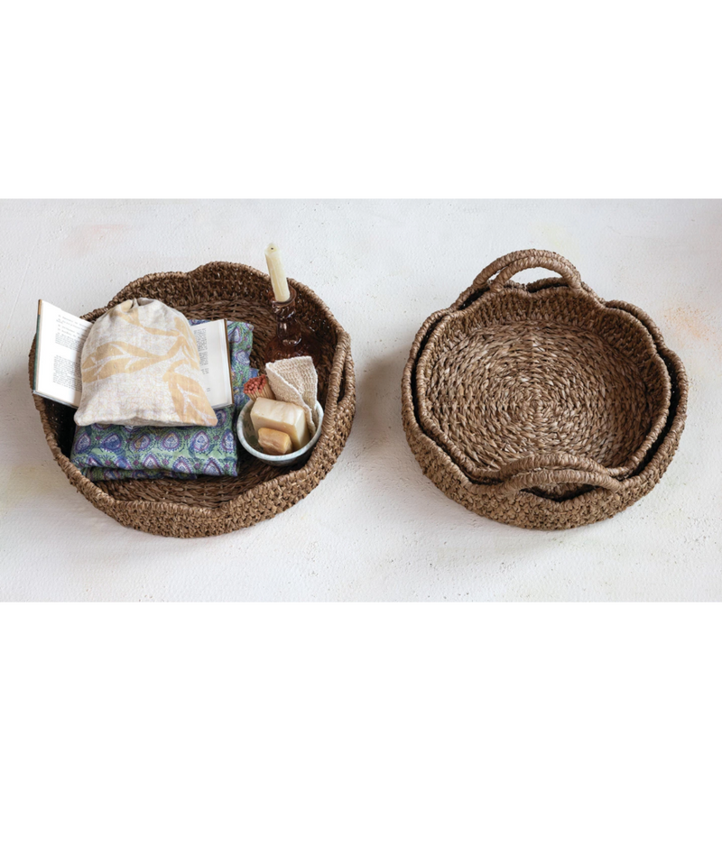 Decorative Braided Bankuan & Rattan Scalloped Tray with Handles