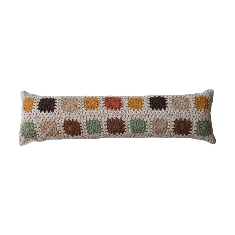 Cotton Crocheted Granny Square Lumbar Pillow w/ Block Pattern