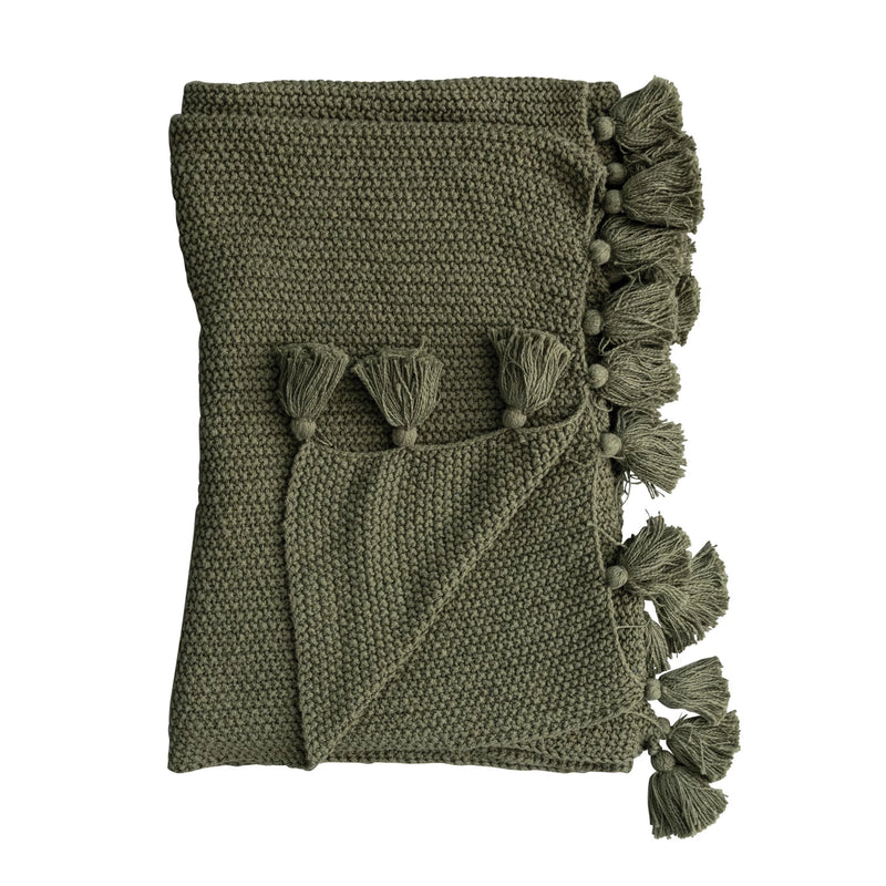 Cotton Knit Throw w/ Tassels, Olive Green