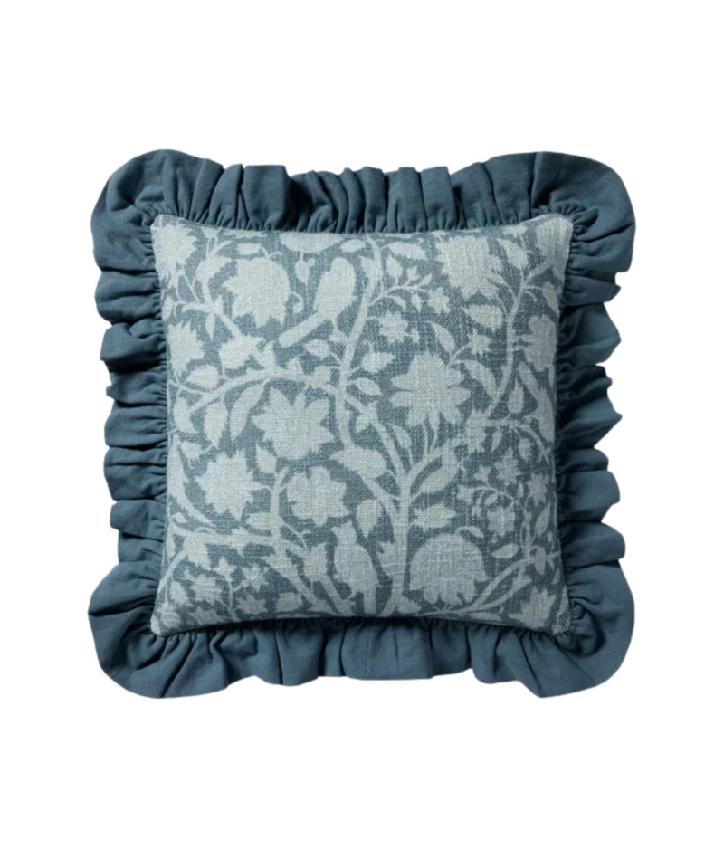 Blue Floral Ruffle Pillow