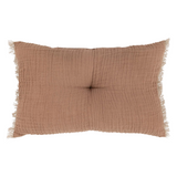 Linen And Cotton Tufted Two-Sided Lumbar Pillow with Button & Fringe