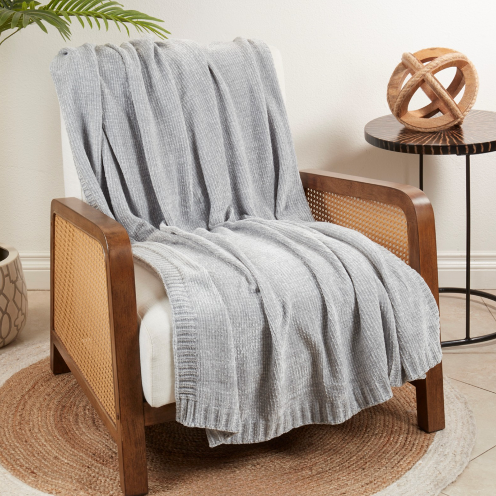 Grey Knitted Chenille Throw