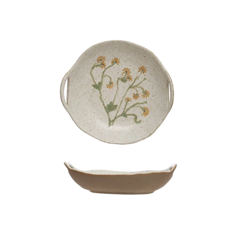 Hand-Painted Stoneware Bowl w/ Handles & Botanicals