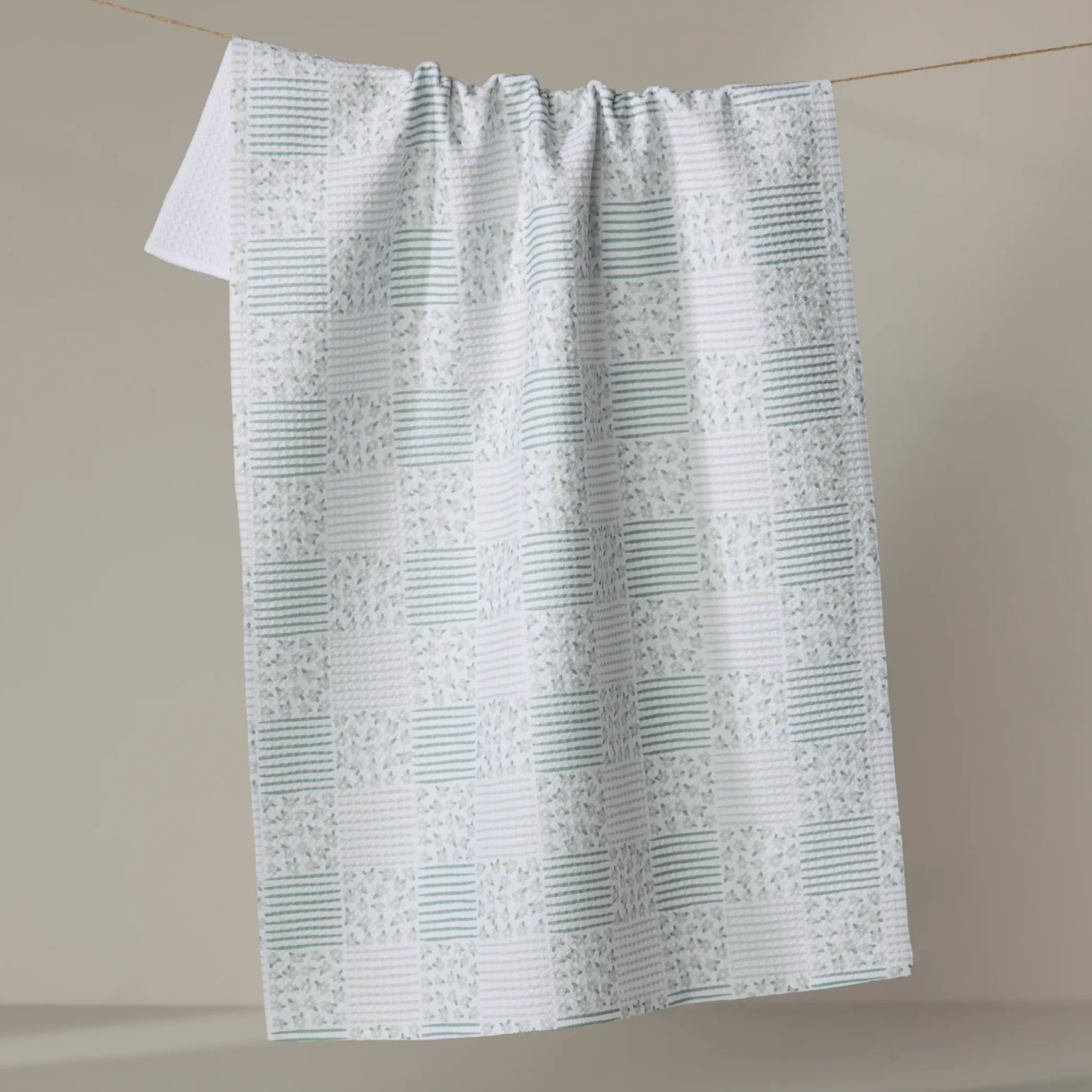 Mini Flowers & Stripes Green Check Geometry Tea Towel