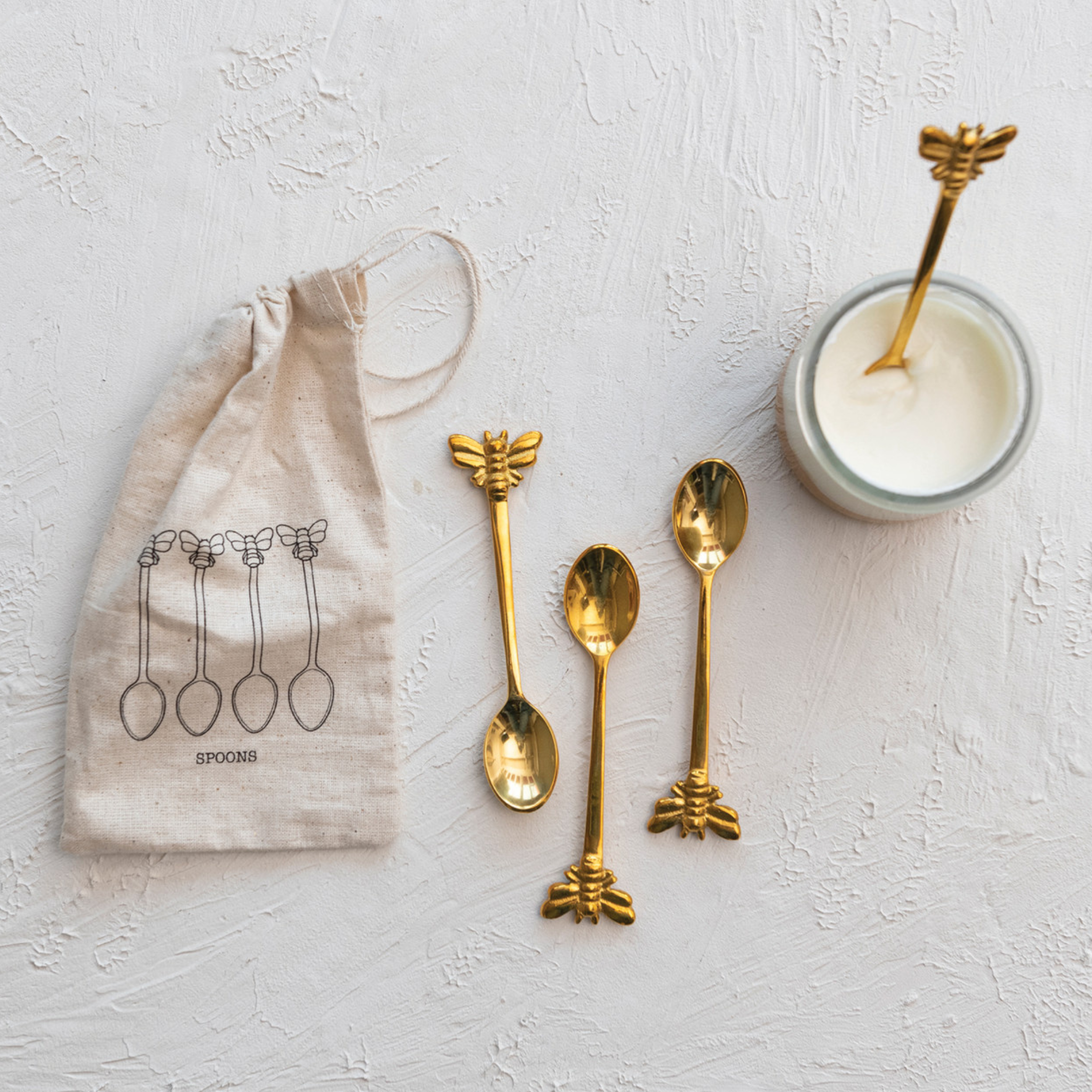 Brass Spoons w/ Bees, Set of 4