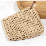 Leather Strap Knit Pot Holder - Taupe