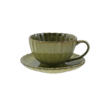 Sage Green Stoneware Ribbed Mug w/ Saucer