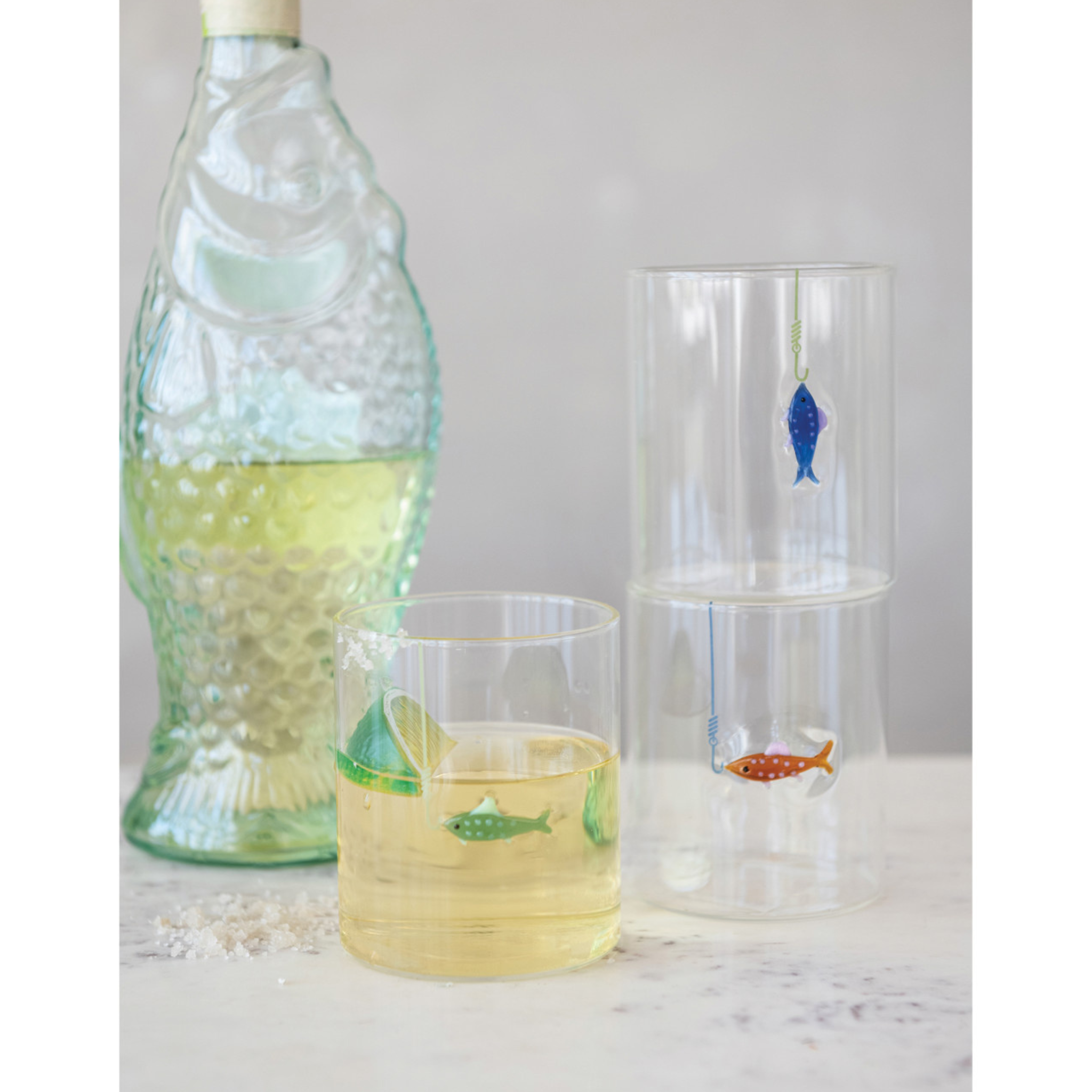 Hand-Blown Drinking Glass w/ Fish On Hook