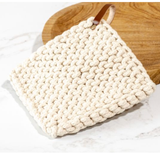 Leather Strap Knit Pot Holder - Cream