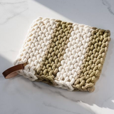 Leather Strap Knit Pot Holder - Ivory/Sage
