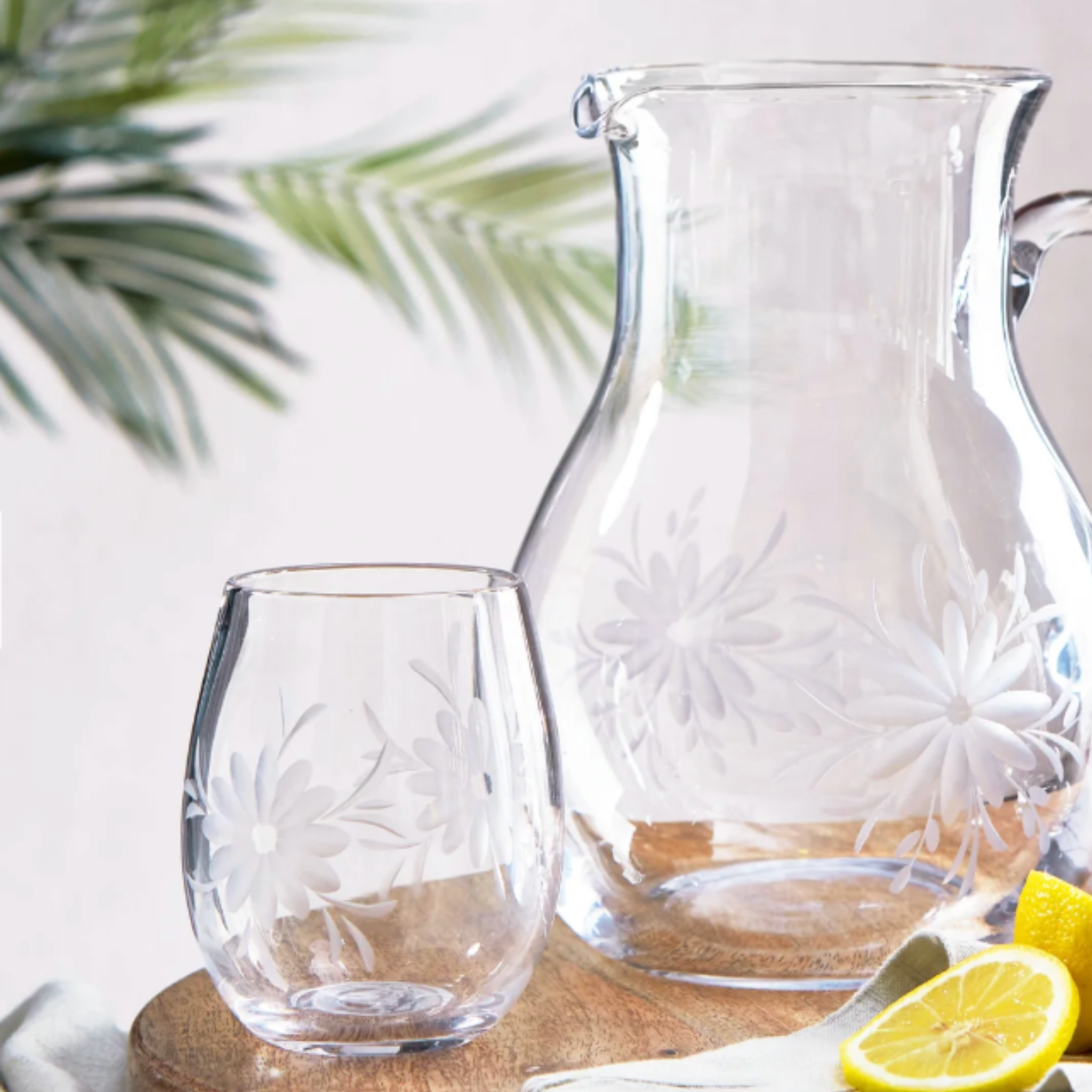 Fleur Etched Stemless Wine Glass