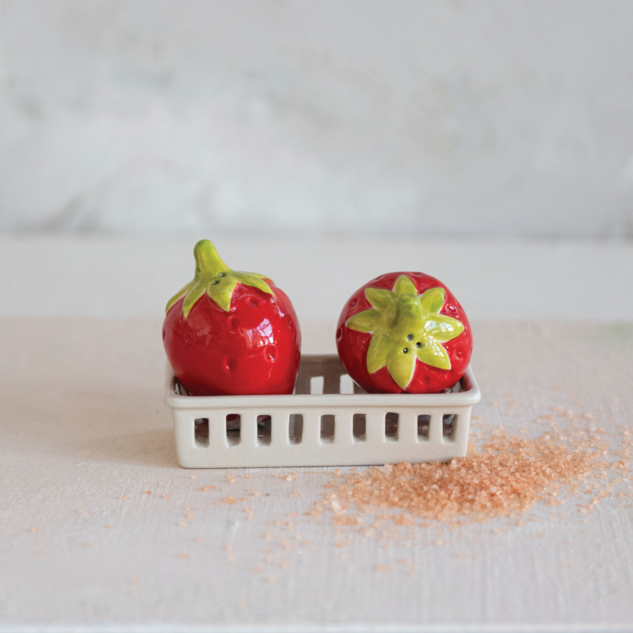 Strawberry Salt & Pepper Shakers w/ Basket Holder