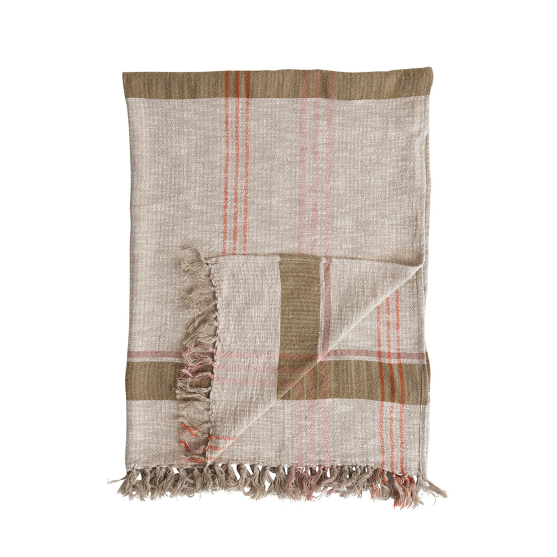 Woven Cotton and Linen Plaid Throw with Fringe