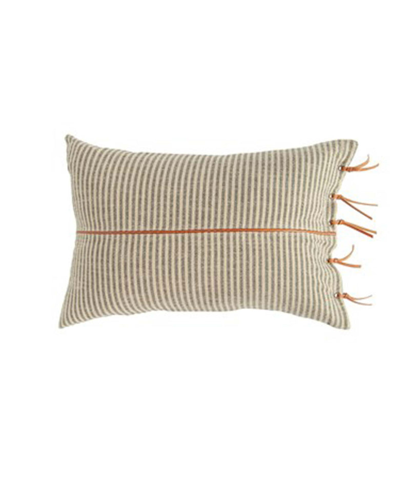 Striped Cotton Pillow with Leather Trim